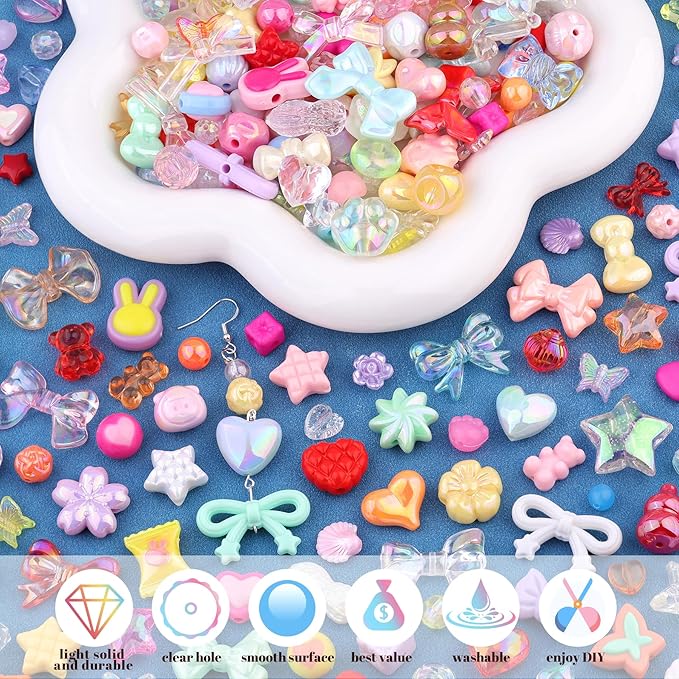 200-260PCS TINKRSTUFF Assorted Acrylic Beads Mixed Colors Cute Beads for Bracelet Making, Bow Aesthetic GummyBear Flower Butterfly Kawaii Charms for Jewelry Making DIY Necklace Keychain Phone Charm