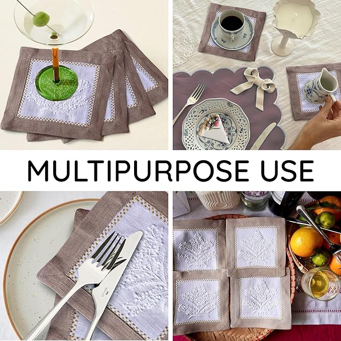 Cocktail Napkins Set of 6, 6x6 inch, 100% Linen, French Knot Hand Embroidered Floral Pattern, Reusable & Washable Napkin Coasters for Drinks, Parties, Weddings (Taupe)