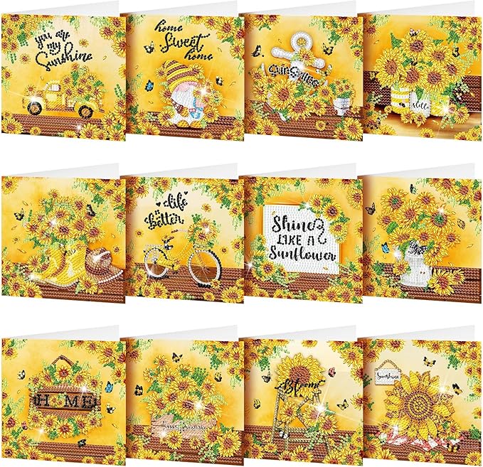 Saillong 12 Pack Sunflower Diamond Painting Greeting Card Kits DIY Diamond Art Cards with Envelopes Summer Flowers Gnome 5D Rhinestones Painting Card for Adults DIY Crafts Family Friend Birthday Gifts
