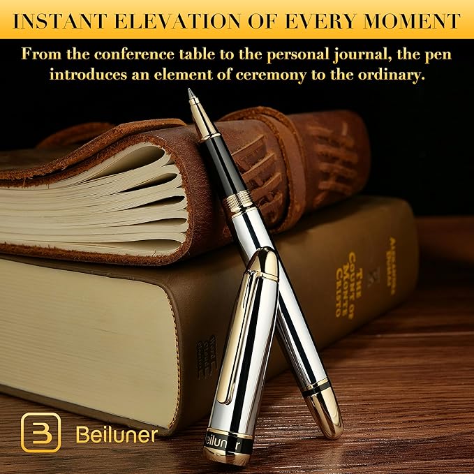 BEILUNER 315 Luxury Rollerball Pen, Stunning Silver Chrome with 24K Gold Finish, Luxury Grade Craftsmanship, Best Pen Gift Set for Men and Women, Graduation, Executive, Office, Fancy, Nice Pens