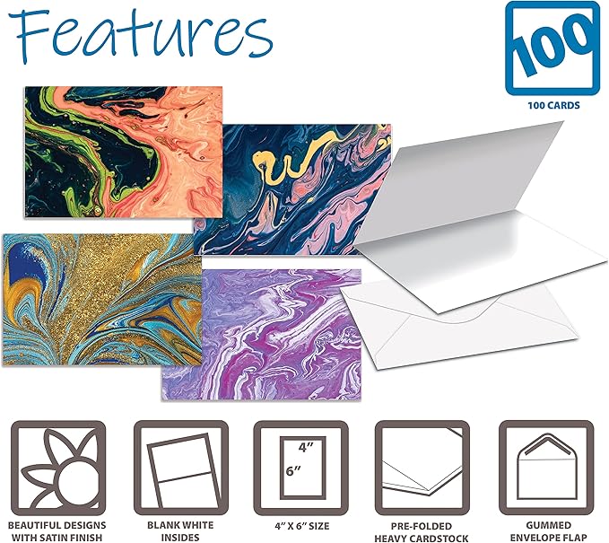 Better Office Products 100-Pack All Occasion Greeting Cards, Assorted Blank Note Cards, 4 x 6 inch, 5 Abstract Art Designs, Blank Inside, with Envelopes, 100 Pack