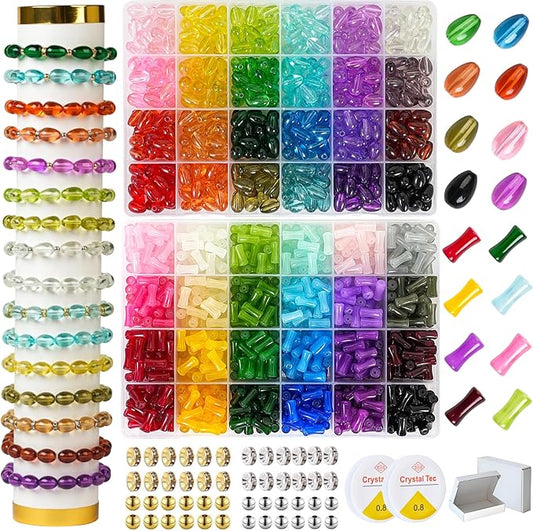 REVKI 1200pcs Glass Beads Bracelet Making Kit, 48 Colors Crystal Beads for Jewelry Making,Strange Shaped Glass Beads for Bracelets and DIY Crafts(Teardrop and Bamboo)