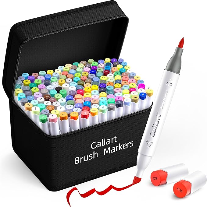 Caliart 168 Colors Alcohol Markers Brush Tip & Chisel, Dual Tip Art Markers Set for Adults Artists Sketch Illustration Coloring Book, Permanent Colored Drawing Pen Art Supplies Christmas Gifts