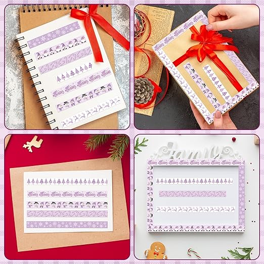Purple Christmas Washi Tape - 12 Rolls Elegant Santa Reindeer Snowflake Watercolor Aesthetic Adhesive Decorative for Journal Gift Wrapping, Scrapbook, Photo Albums, Easy Tear DIY Art Crafts