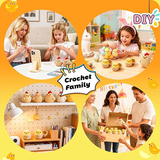Joyclub 4 Pcs Crochet Kit for Beginners Crochet Starter Kits for Adults and Kids Great Birthday Gifts for Crocheting Lovers with Step by Step Video Amigurumi Chicken Family Knitting Kit DIY Craft