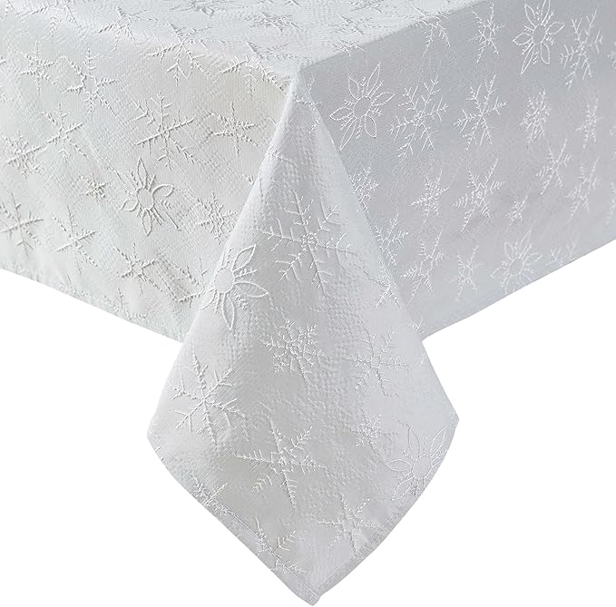 Laura Ashley Tablecloth Raised Woven Embroidered Jacquard Fabric, Wrinkle Resistant for Dining, Holiday, Party, Wedding or Banquet, 60" x 84", Snowflake Silver