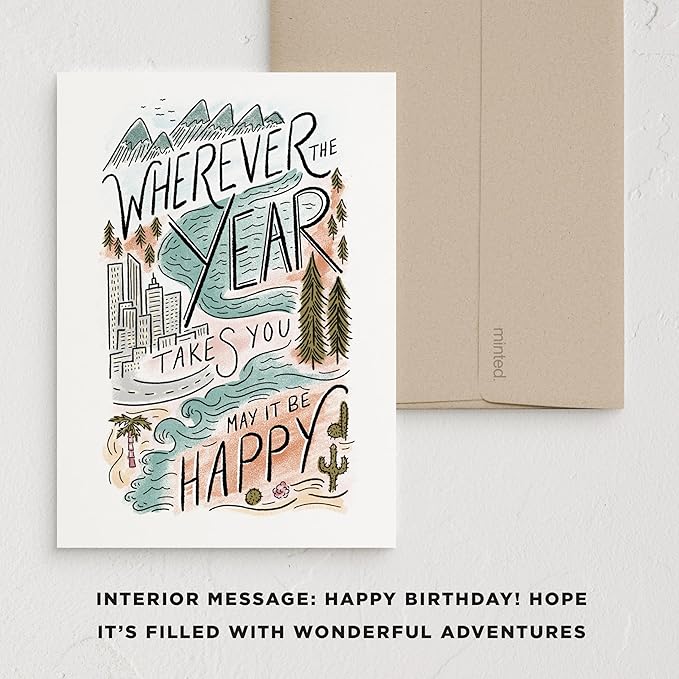 Minted Birthday Greeting Cards Pack, Set of 5, Birthday Cards Variety Pack, Stylish & Curated Folded Happy Birthday Cards with Envelopes, Blank & Messages Inside, Designed by Independent Artists