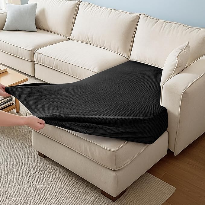 CHUN YI Stretch Sectional Couch Covers 1 Piece Chaise Lounge Slipcover L Shape Separate Cushion, Chaise Couch Cover for Both Left/Right Sectional Couch (Chaise Cover, Black)