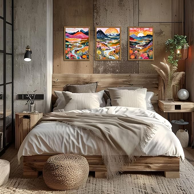 Wood Frame Boho Colorful Wall Art, Set of 3 Abstract Watercolor Mountain Landscape Wall Decor Paintings, Modern Flower Aesthetic Posters Prints for Living Room Bathroom Bedroom 16x24In Framed