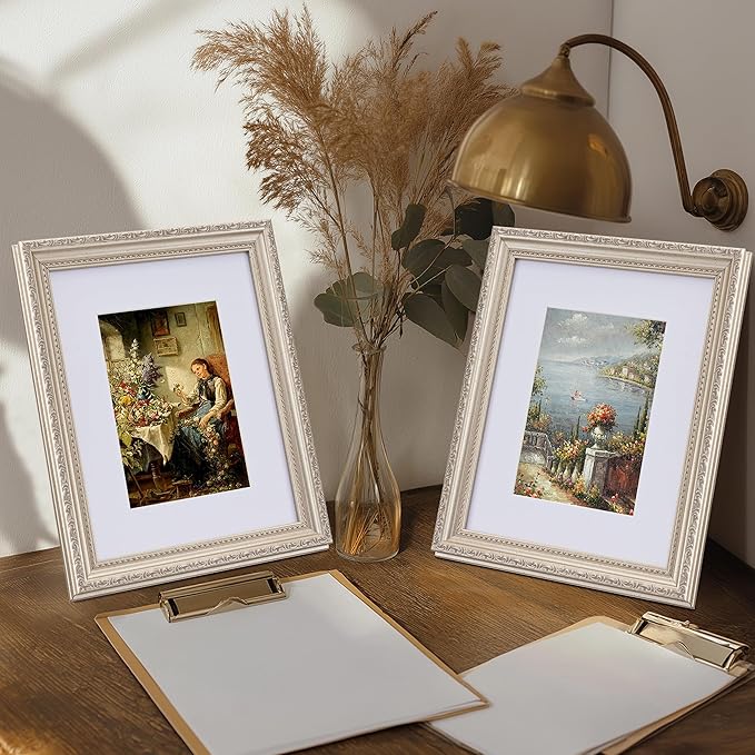 eletecpro 8x10 Picture Frames Set of 4, Vintage Photo Frame with Glass, Frames 8 x 10 Display 5x7 Photo with Mat or 8x10 without Mat for Tabletop or Wall Decor, Silver Beige
