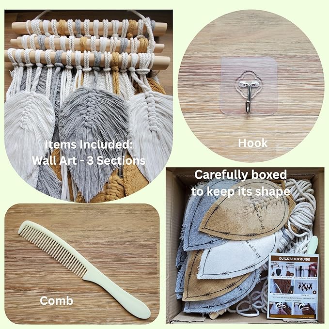 Large Macrame Wall Hanging Feather Decor – Handmade Cotton Cord Boho Room Decor for Bedroom, Nursery, Office – 39” W x 29.5” L (Silver, Gold, White)