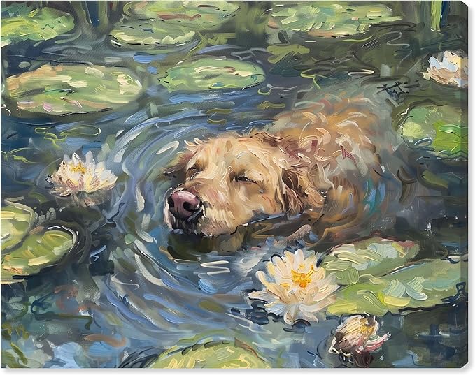 Art Remedy Monet Water Lilies Dog Rustic Chic Farmhouse Canvas Wall Art, Gallery Wrapped, 36"x30"