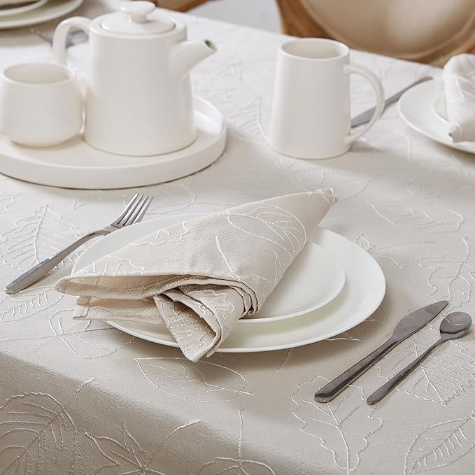 Laura Ashley Tablecloth Raised Woven Embroidered Jacquard Fabric, Wrinkle Resistant for Dining, Holiday, Party, Wedding or Banquet, 60" x 102", Maple Taupe