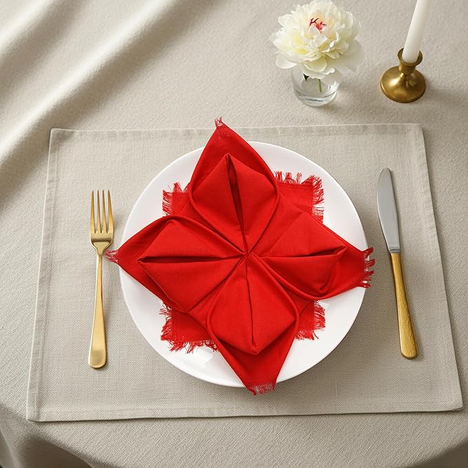 Christmas Dinner Napkins, Beautiful Handmade Fringe Red Cloth Napkins Set of 12 Washable and Reusable, Perfect for Dining, Weddings, Holiday & Everyday Use - 18x18 Inch Red