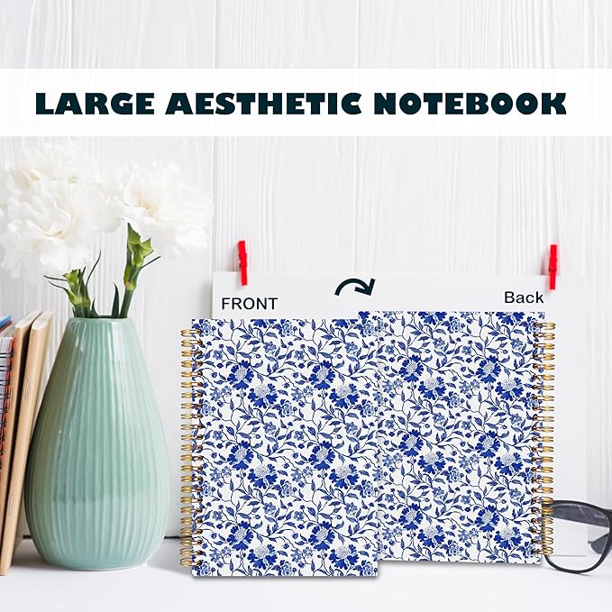 BearCake Chinoiserie Grandmillennial Notebook Journal, Blue Floral Aesthetic Notebook,Blue Aesthetic Office Supplies, Notebooks for Work, Hardcover Spiral Notebook 5.5x8.3