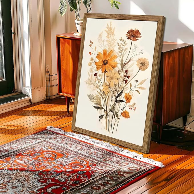 Vintage Wildflower Framed Canvas Wall Art Set of 3 – Rustic Botanical Floral Pictures Prints for Living Room Bedroom Bathroom, Retro Boho Wall Decor for Home Aesthetic 16x24 inch