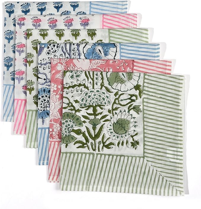 CPC Cloth Napkins 100% Cotton Set of 4 Reusable Napkins, Indian Block Print Toile Floral Dinner Napkin, Fall Thanksgiving Christmas Holiday Party Gift - Soft Absorbent Napkin, 18"x18" Stripe Border