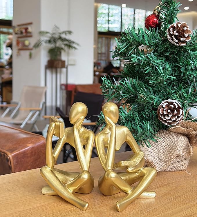 Prettidecor Reading Thinker Statue, Sculptures Abstract Art Ornament, Modern Aesthetic Figurine Decoration Set of 2 Status for Home Living Room Bedroom Office Shelf Table Desk Bookshelf Decor (Gold)