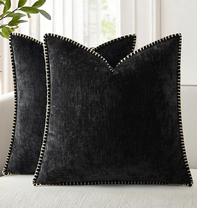 decorUhome Spring Chenille Soft Throw Pillow Covers 20x20 Set of 2, Farmhouse Velvet Neutral Decorative Pillow Covers with Stitched Edge for Couch Sofa Bed Home Decor, Black