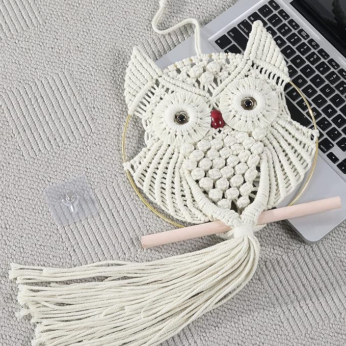 MVSUTA Owl Ivory Cotton Handmade Macrame Wall Hanging Tapestry Home Decor Art and Beige Craft Wonderful Decoration Woven Boho Ornament for Office Bedroom Apartment Living Cream Nursery Gallery,1pc