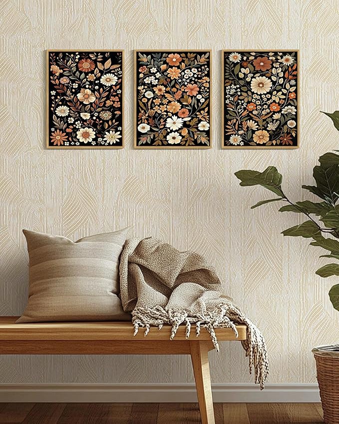 KUVIOKE Orange Vintage Flower Framed Wall Art Boho Floral Wall Decor Retro Wildflower Modern Art Prints Bedroom Living Room Home Decor 12x16in (Natural Framed)