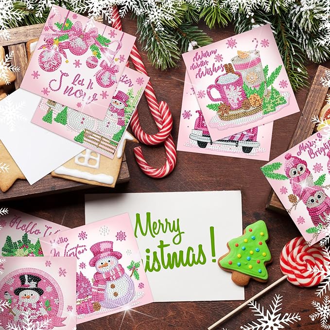Saillong 12 Pack Pink Christmas Diamond Painting Greeting Card Kits Winter Diamond Art Cards with Envelopes Snowman 5D Rhinestones Painting Making Kits for Adults DIY Craft Family Friend Holiday Gifts