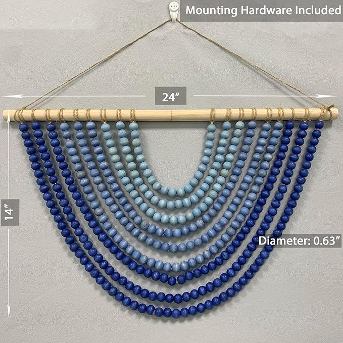 Fenisam Boho Chic Wooden Bead Garland Wall Hanging Tapestry, Natural-Inspired Home Decor for Living Room, Bedroom, Entryway, Nursery, Apartment & Dorm (Sky Blue Gradient, 24 Inches)