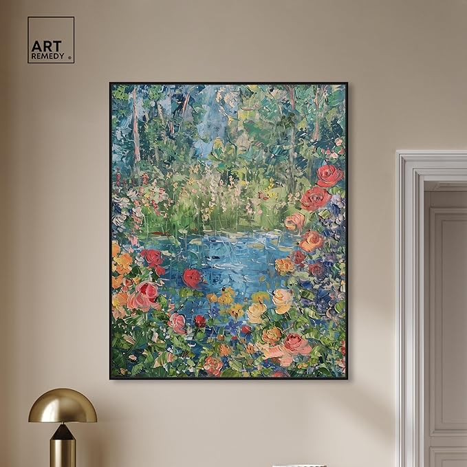 Art Remedy Serene Escape Framed Impressionism 1 Piece Canvas Wall Art/Monet And Van Gogh Inspired Art, 37" x 46", Black Frame