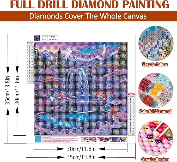Landscape Waterfall Mountain Diamond Art Painting Kits for Adults, Diamond Painting Kits for Adults Beginners, 5D DIY Full Drill Diamond Dot Gem Art Kits for Adult, Home Wall Decor 13.8x13.8 Inch