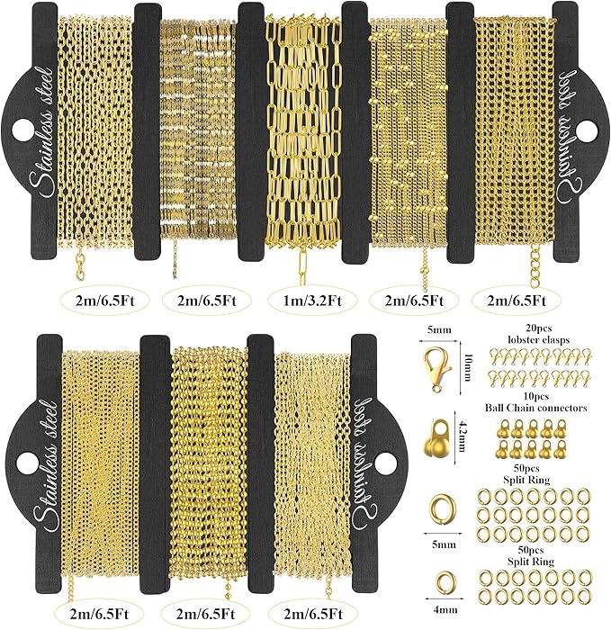 18k Gold Plated Stainless Steel Necklace Chains for Jewelry Making 49FT 8 Style Gold Necklace Chains Bulk with Lobster Clasps and Jump Rings Connectors for DIY Necklaces Bracelet Jewelry Making