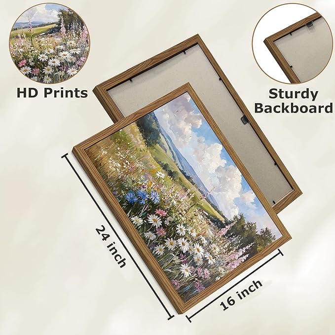 Framed Vintage Wildflower Canvas Wall Art, Nature Botanical Floral Wall Decor Pictures, Rustic Farmhouse Daisy Landscape Paintings Prints for Living Room Bedroom Bathroom Office 16x24 inch