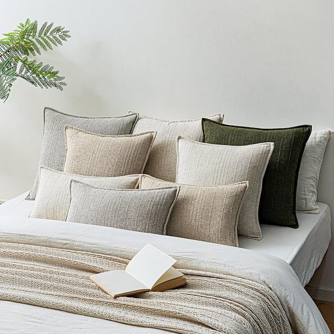 a moment Linen Pillow Covers Set of 2,Boho Farmhouse Throw Pillowcases Neutral Textured Decorative Covers for Couch Sofa Bed,Soft Linen Blend Accent Case Cushion Living Room Home Decor 18"x18"Ivory