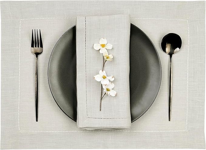 D'Moksha Homes Silver Grey Linen Cloth Placemats Set of 4-100% Pure Linen Hemstitch Placemats 14 x 19 Inch - Classic Hemstitch Table Place Mats for Spring, Easter - Handcrafted and Machine Washable