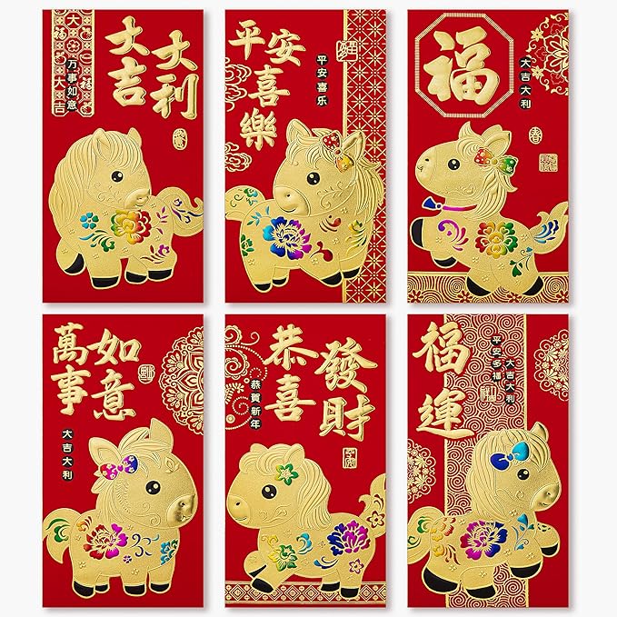 36pcs Red Envelopes Chinese New Year, Chinese Traditional Lucky Money Hong Bao Red Envelope Pockets for 2026 Spring Festival, Lunar New Year, 6 Cartoon Horse Designs,L