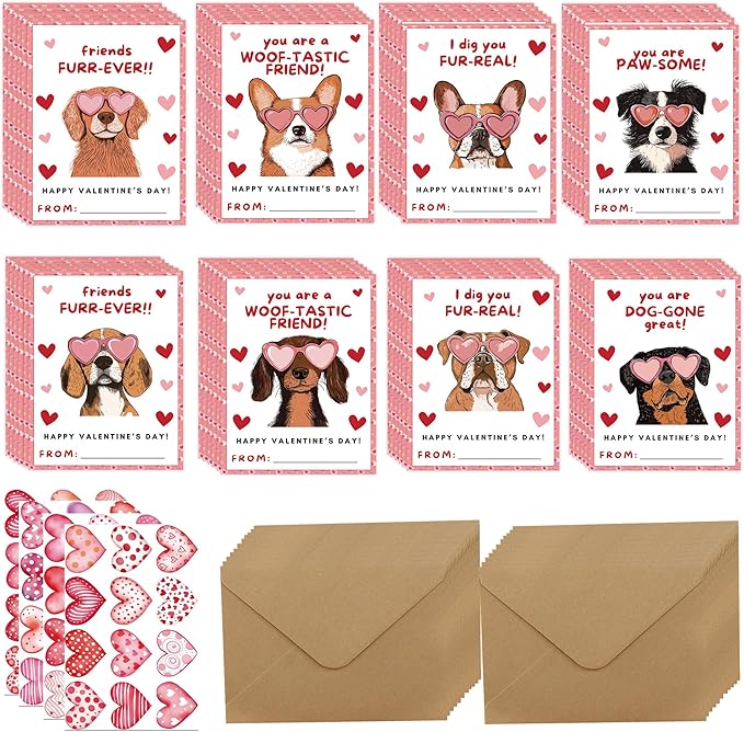 Valentine’s Day Cards for Kids Classroom, 48 Pcs Cute Dog Valentines Exchange Set with Envelopes Heart Stickers, Puppy Valentine Cards for Boys girls School Party Favors Gift Exchange