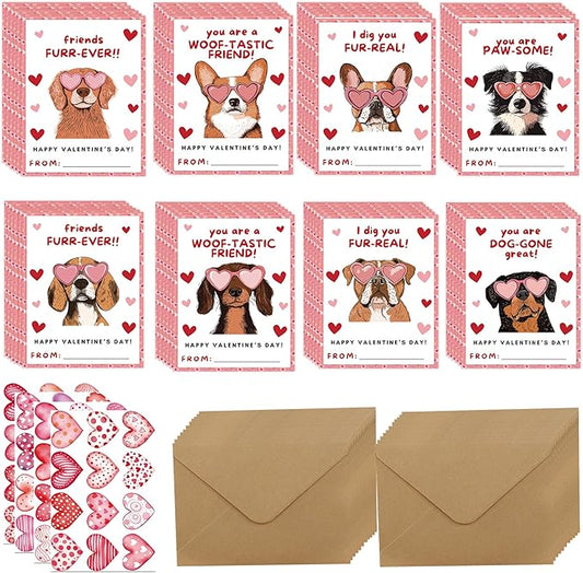 Valentine’s Day Cards for Kids Classroom, 48 Pcs Cute Dog Valentines Exchange Set with Envelopes Heart Stickers, Puppy Valentine Cards for Boys girls School Party Favors Gift Exchange