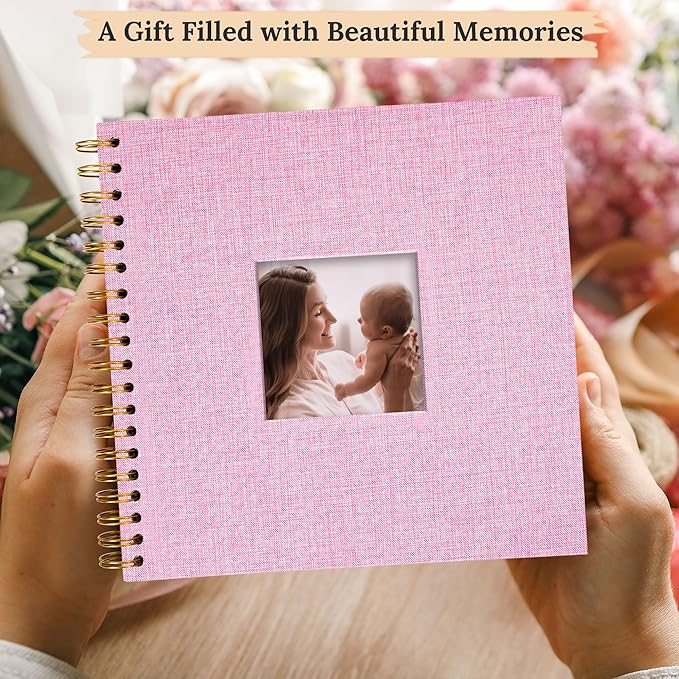 Scrapbook Photo Album Linen Cover, 10 x 10 Inch Hardcover Kraft White Pages Memory Book, for Travel Wedding Guest Book Christmas Baby Shower (20 Sheets/ 40 Pages,Pink)