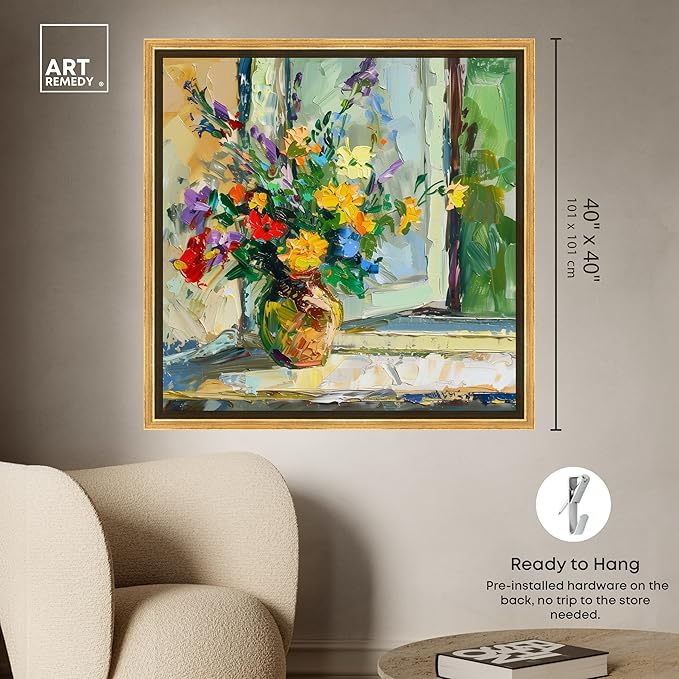 Art Remedy Vase By The Window Framed Impressionism 1 Piece Canvas Wall Art/Monet And Van Gogh Inspired Art, 41.5" x 41.5", Gold Frame