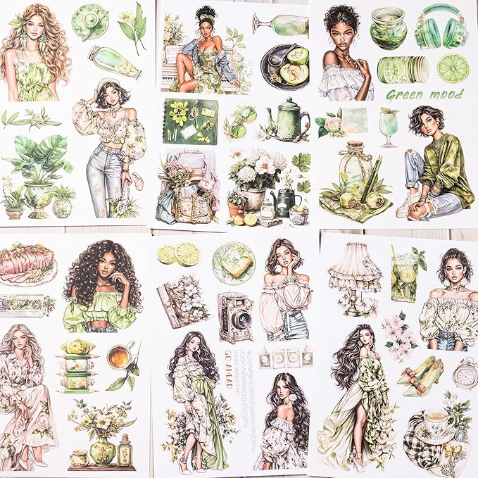 Scrapbook Sticker Book, Fresh Green Journaling Stickers, Junk Journal Supplies, Pre-Cut Aesthetic Scrapbooking for Adults, Decorative Ephemera Bullet Planner DIY Arts Craft Collage