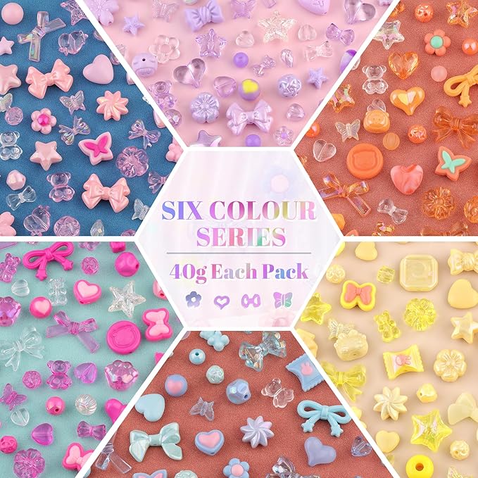 400-450PCS TINKRSTUFF Assorted Acrylic Beads 6 Mixed Series Cute Beads for Bracelet Making, Bow Aesthetic GummyBear Flower Butterfly Kawaii Charms for Jewelry Making DIY Necklace Keychain Phone Charm