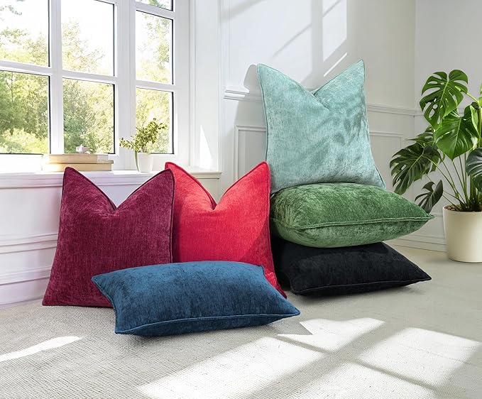 decorUhome Spring Couch Throw Pillow Covers 16x16 Set of 2, Decorative Soft Velvet Neutral Chenille Pillow Covers with Elegant Design for Sofa Bed Living Room Home Decor, Red