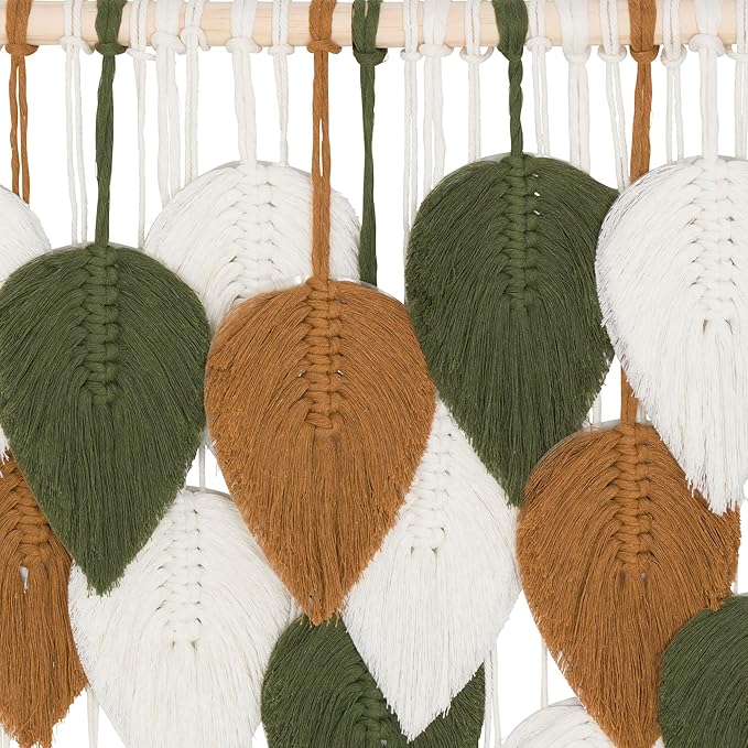 Large Macrame Wall Hanging Feather Decor – Handmade Cotton Cord Boho Room Decor for Bedroom, Nursery, Office – 39” W x 29.5” L (Green, Brown, White)