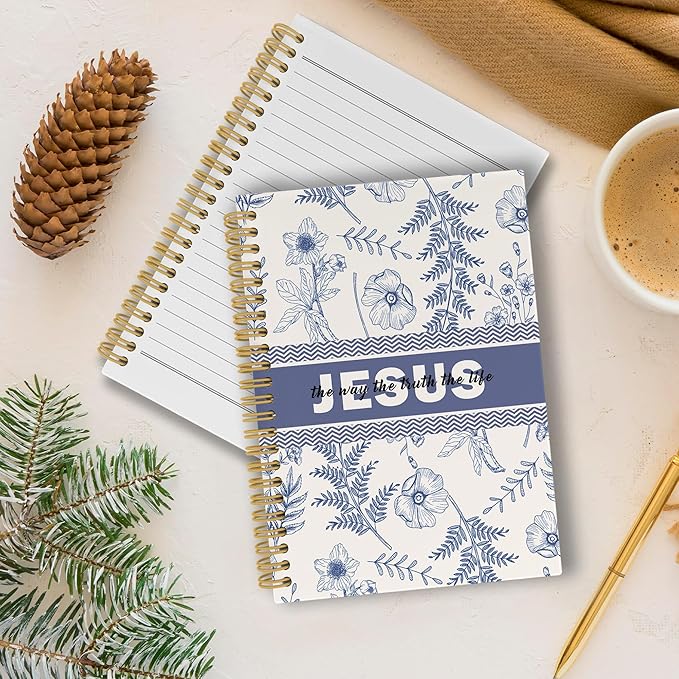 Christian Jesus Journal Notebook, Blue and White Floral Notebooks College Ruled for Work School, Preppy Bible Gifts for Women, Office Supplies, Hardcover Spiral Notebook 5.5"x8.3"