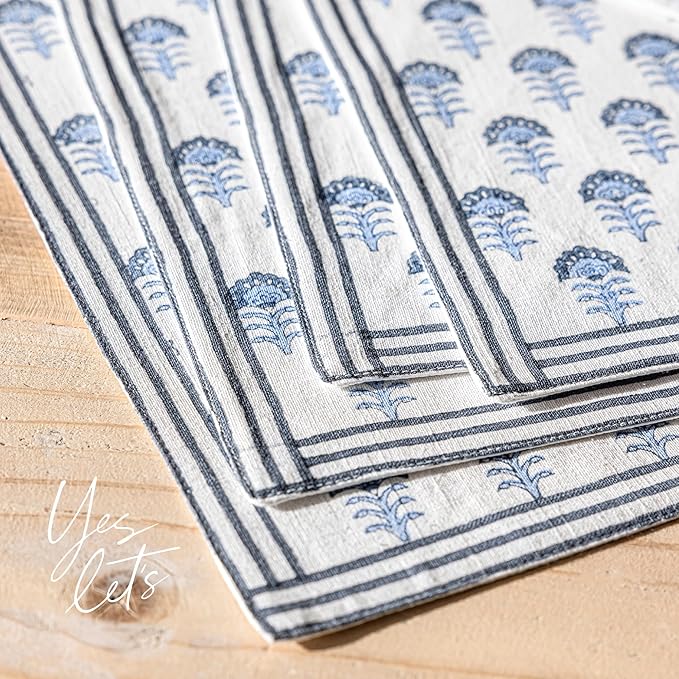 Over&Back Set of 4 Hand-Blocked Placemats - Colorful Dining Table Mat - Each Placemat is Unique - 100% Cotton - Machine Washable - Kitchen and Home Decor - Blue Flower