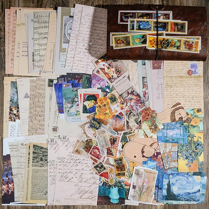 Knaid Vintage Scrapbook Supplies Pack (200 Pieces) for Junk Journal Bullet Journals Planners Aesthetic Paper Stickers Craft Kits Cottagecore Collage Album (Artistic)