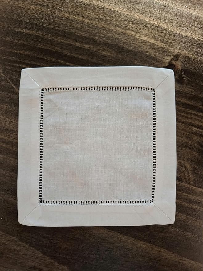 White Cocktail Napkins, White Linen Blend Cocktail Napkins Hemstitch 6x6 Set of 50 Cocktail Napkin, Linen Blend Cloth Coasters, Elegant Reusable Beverage Napkins for Wedding, Party and Entertaining