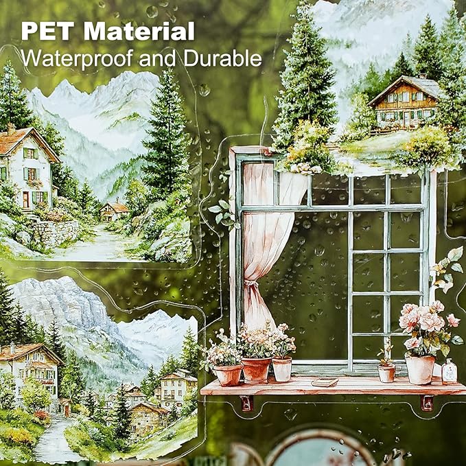 Weather Window PET Stickers, 90PCS Large Window Scenery Designs - Cozy Seasonal Views for Scrapbook Journals Planners DIY Decor