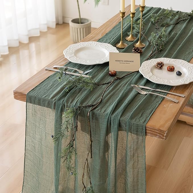 Keketoarrange Forest Green Easter Table Runner Gauze Rustic Cheesecloth 120 Inch 10 FT for Wedding Baby Shower Bridal Shower Birthday Engagement Garden Party Long Sheer Boho Spring Home Decorations