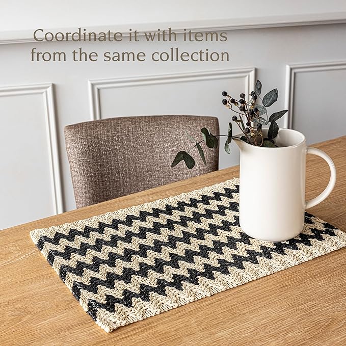Over&Back Set of 4 Woven Fiber Placemats - Dining Table Mat - Made with Natural Paper Fibers - Kitchen and Home Decor - Chevron - Black