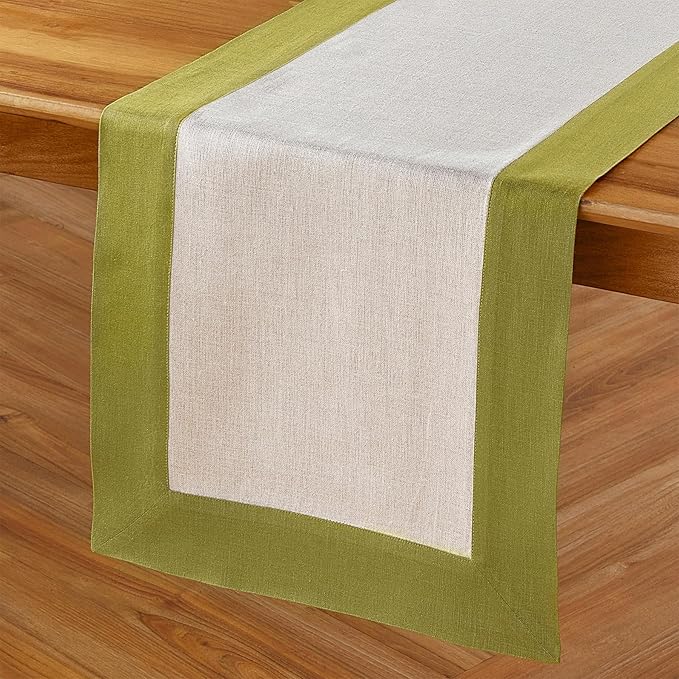 Solino Home Linen Table Runner 108 Inches Long - 100% Pure Linen Avocado and Natural Table Runner 14 x 108 Inch for Winter, St Patricks Day - Contempo